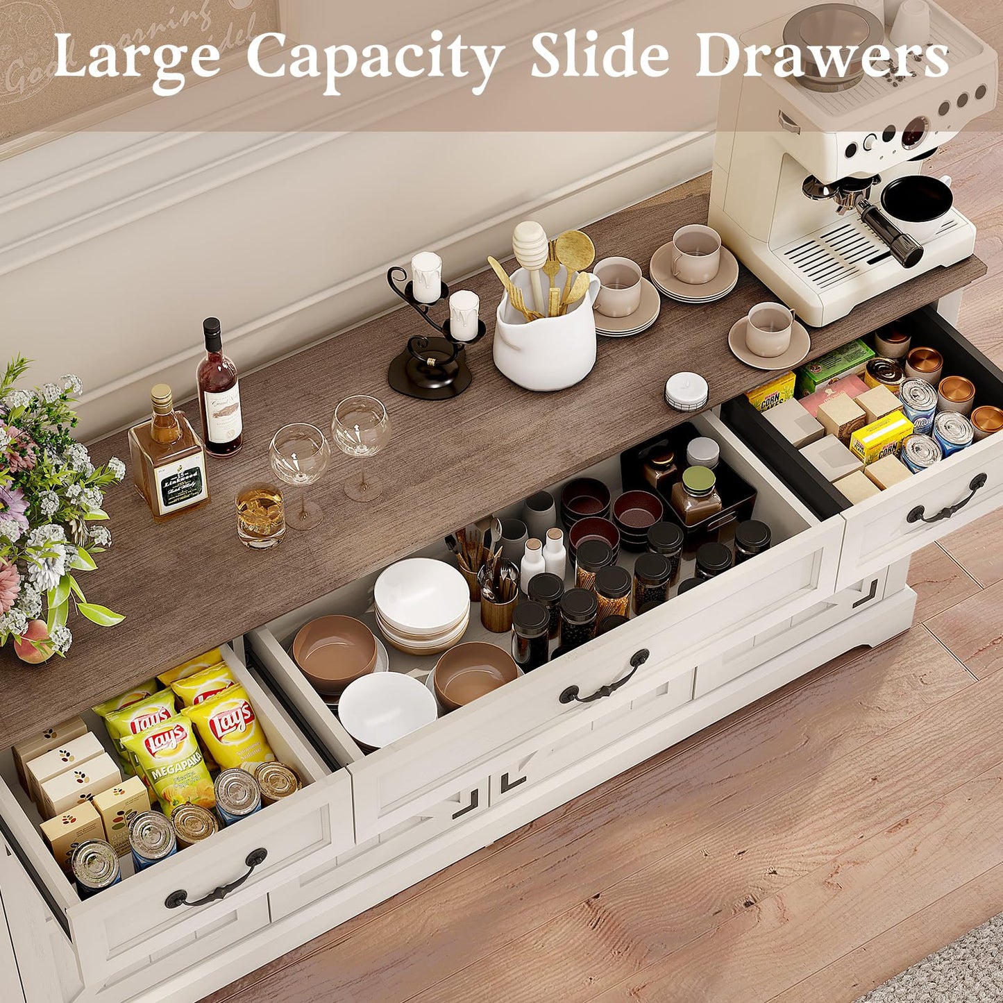 Vipbear 65" Large Sideboard Buffet Cabinet, Farmhouse Kitchen Sideboard Cabinet Buffet with Storage 3 Drawers, Coffee Wine Bar Cabinet with Storage for Living Room, Kitchen, White
