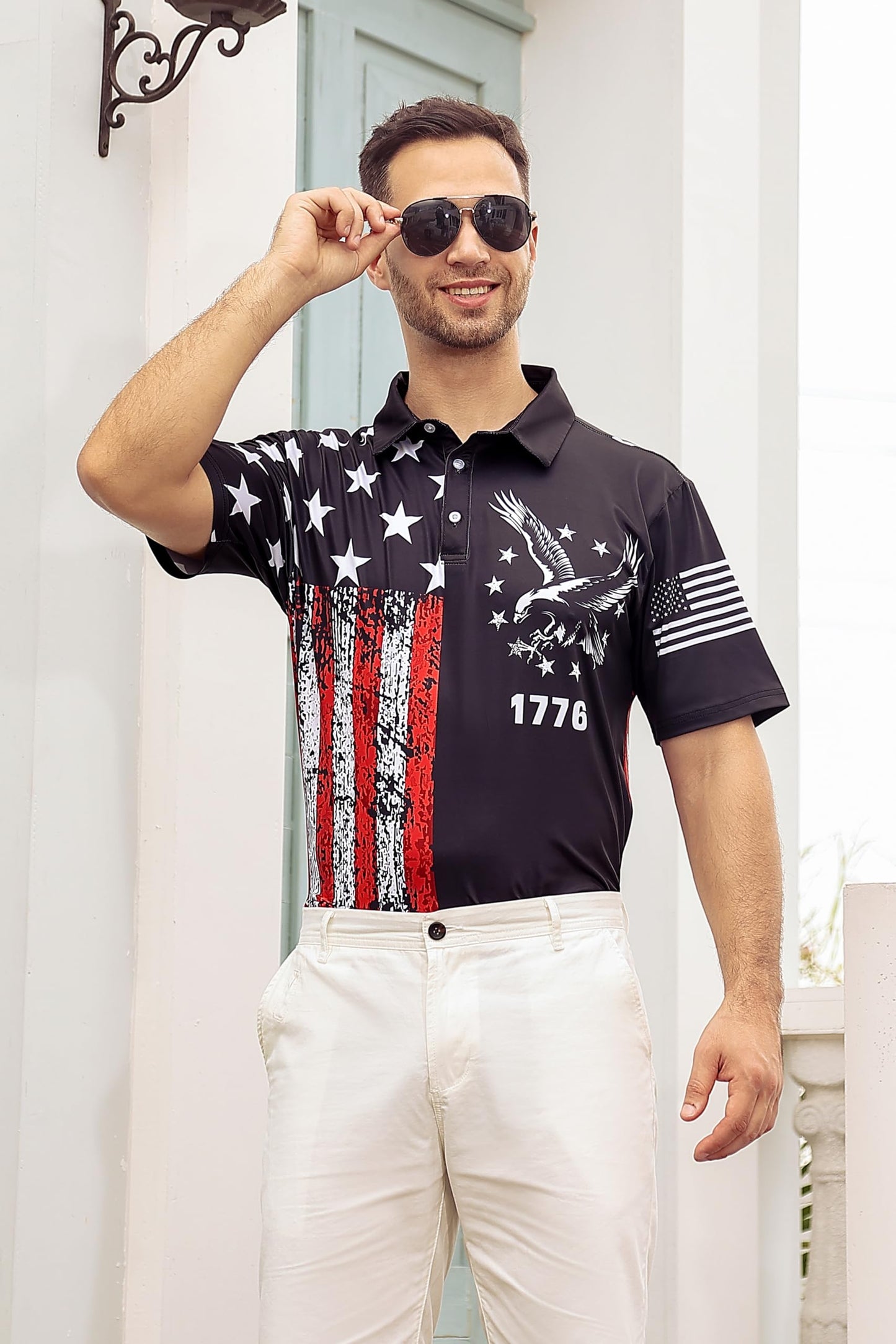Seadodo Mens Patriotic Golf Shirts 1776 American Flag Printed Polo Shirt USA 4th of July Short Sleeve Outfit