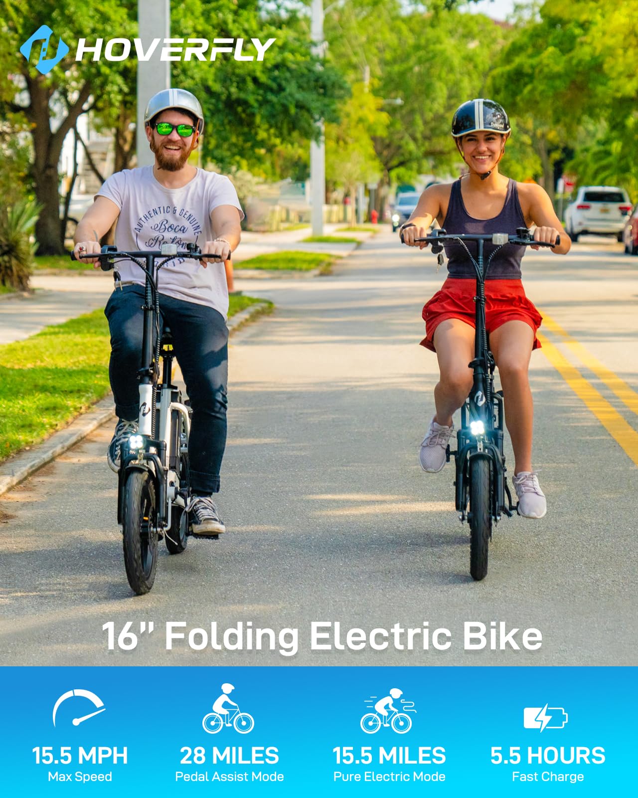 HOVERFLY H3 16" Electric Bike, Max 28Miles Range(Pedal-Assist) & Speed 15.5 Mph Power by 500W Peak Motor, Folding E-Bike with Removable Battery, Front Suspension and Commuter Electric Bicycle Adults