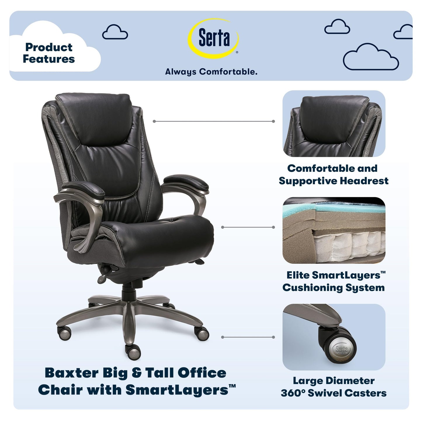 Serta Baxter Big and Tall Smart Layers Executive Office Chair with ComfortCoils, Ergonomic Computer Chair with Layered Body Pillows, Black & Gray Bonded Leather
