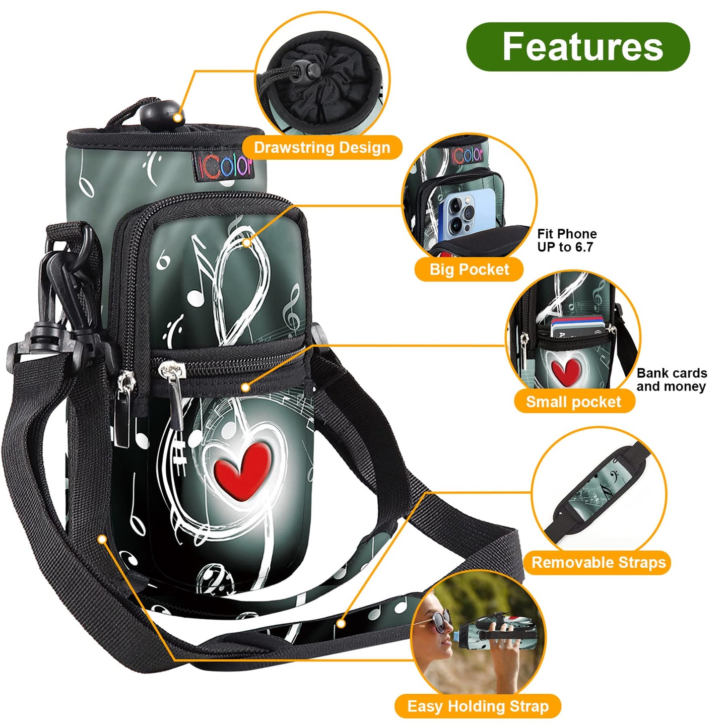 icolor Water Bottle Carrier Bag Holder 25/32/40/64oz,Adjustable Padded Shoulder & Handle Strap Sports Sling Hiking Pack,Insulated Neoprene Wide Mouth Bottle Sleeve