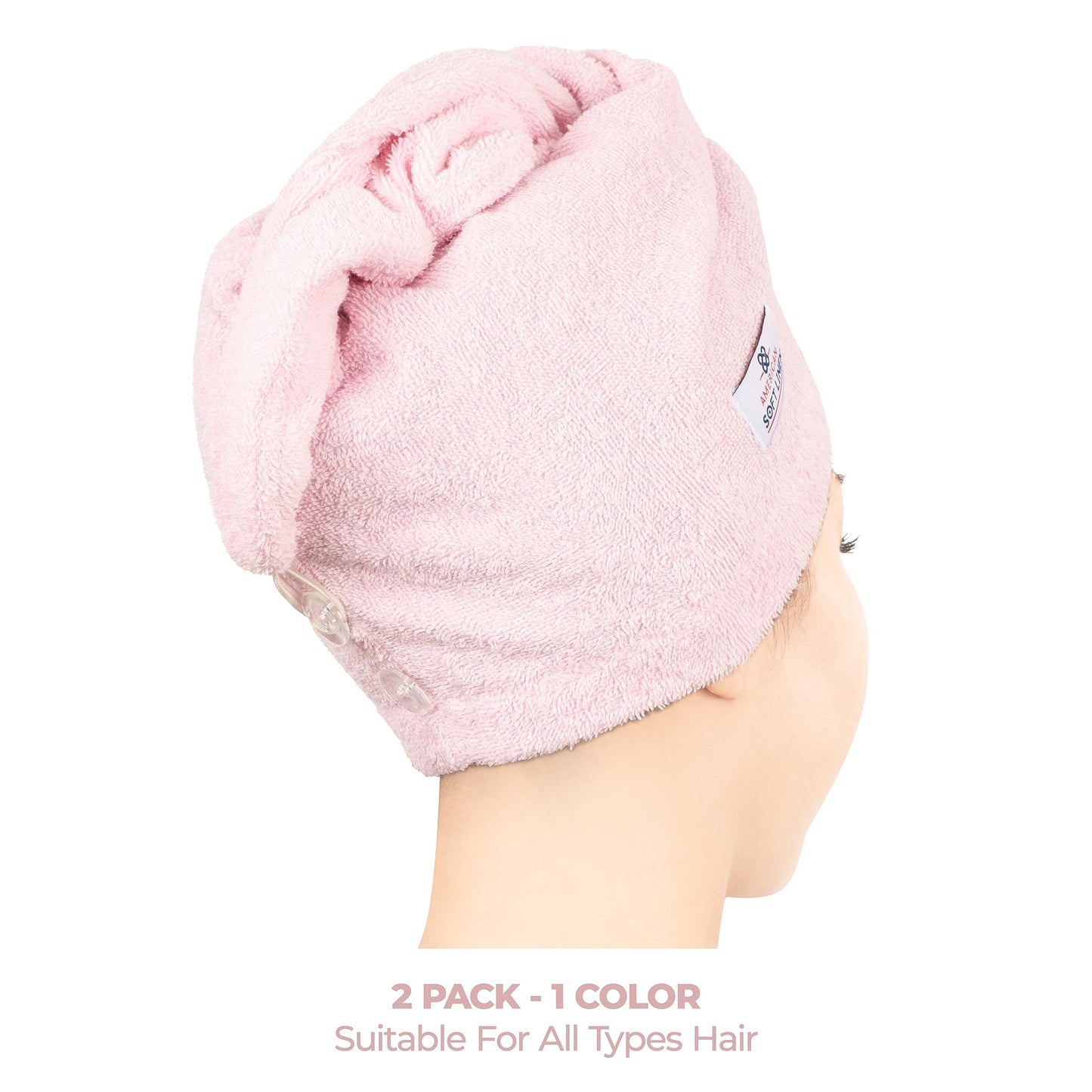 American Soft Linen 100% Cotton Hair Towels for Women, Head Towel Cap, Cotton Hair Turban Towel Wrap for Long Curly Anti Frizz Hair, Soft and Absorbent Cotton Hair Towels 2 Pack, Pink
