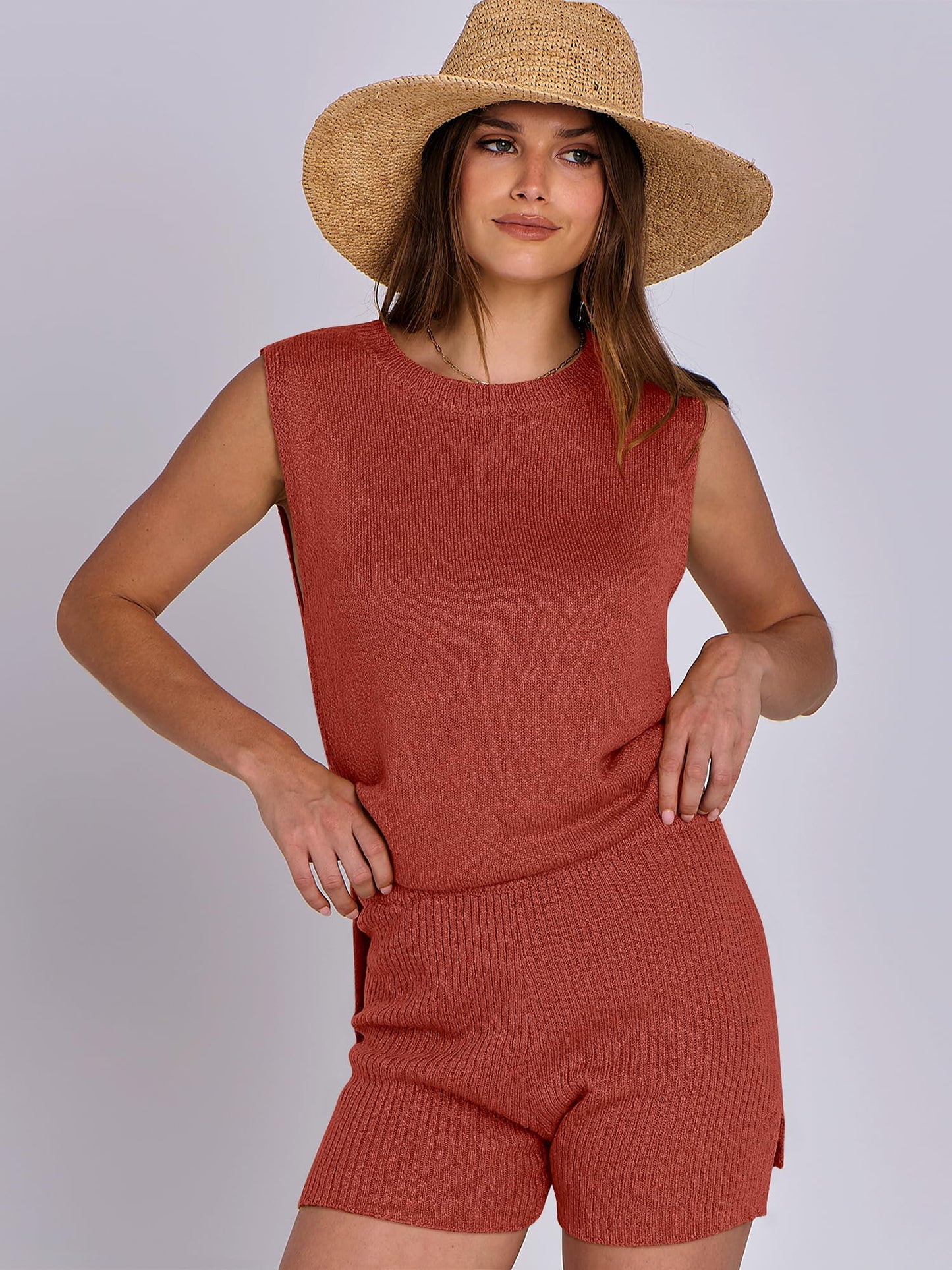 ANRABESS Women Summer 2 Piece Outfits Sleeveless Knit Sweater Top & Shorts Soft Lounge Sets Travel Beach 2024 Clothes Rust Large