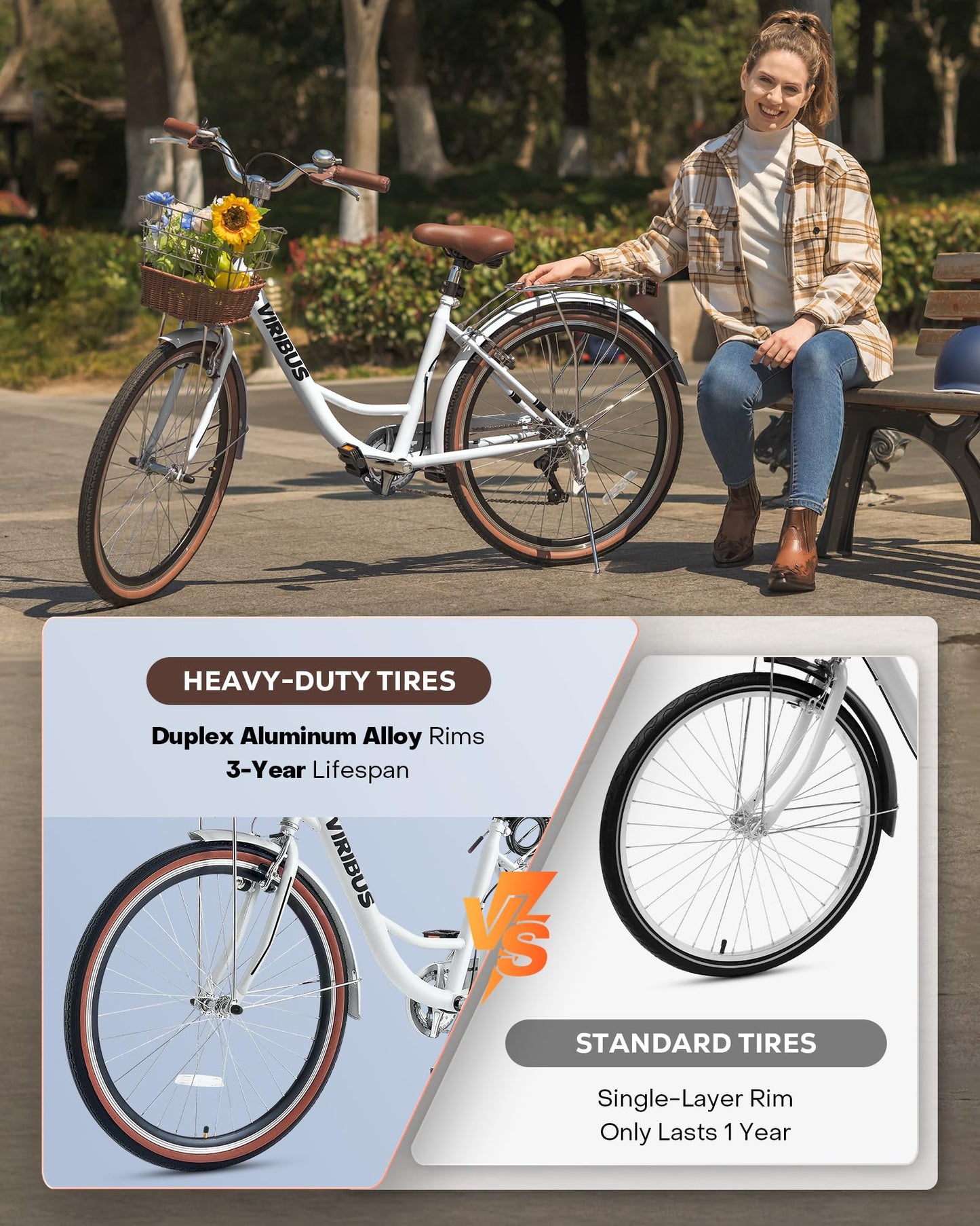 Viribus Womens Bike, 7 Speed Bike for Adults 24 in with Ratten Basket, Beach Cruiser Bike for Women, Step Through Bicycle for City Commuter, Retro Female Ladies Bicycle White 330 lb.