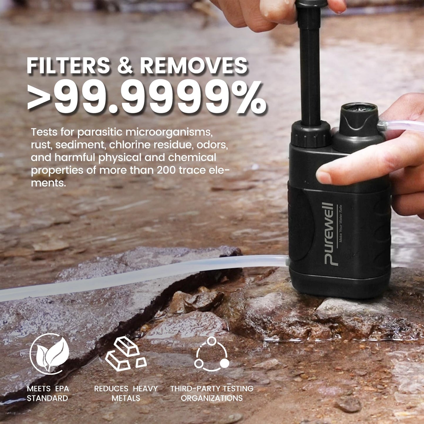 Purewell PRO Water Hand Purifier Pump with Replaceable Carbon 0.01 Micron Water Filter, 4 Filter Stages, Portable Outdoor Emergency and Survival Gear - Camping, Hiking, Backpacking