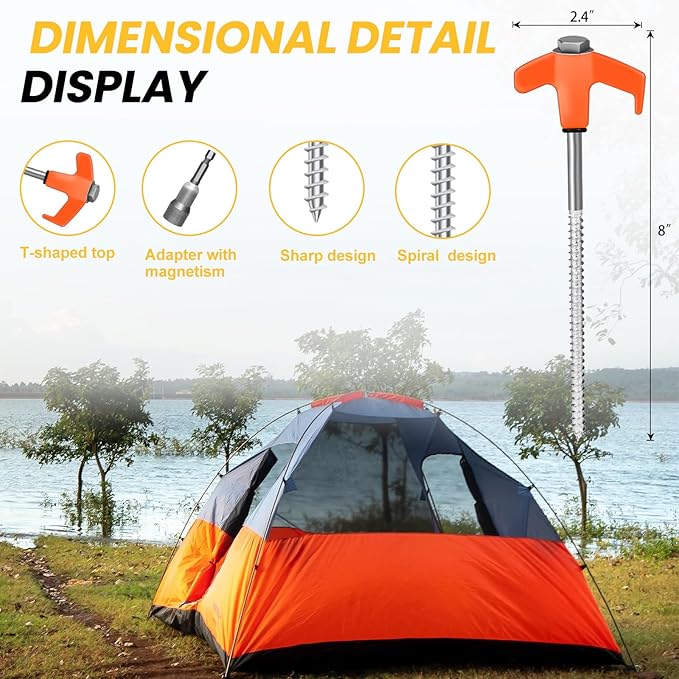 8" Screw in Tent Stakes 20PCS - Ground Anchors Screw - Screw in Tent Stakes Heavy Duty- Tent Pegs Camping Stakes- Hex Pegs Drillable Tent Stakes and Hexagon Head Drive and Storage Box (Orange)