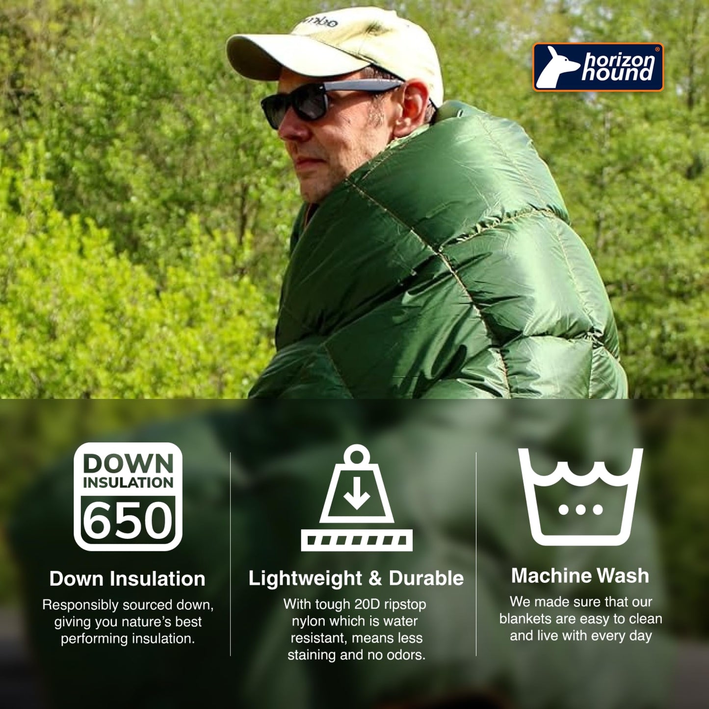 Horizon Hound Trek Down Camping Blanket - Outdoor Travel Quilt, Green | Insulated, Lightweight & Warm Gear for Sleep, Camping, Stadium, Hiking & Festivals | Water Resistant, Packable & Compact