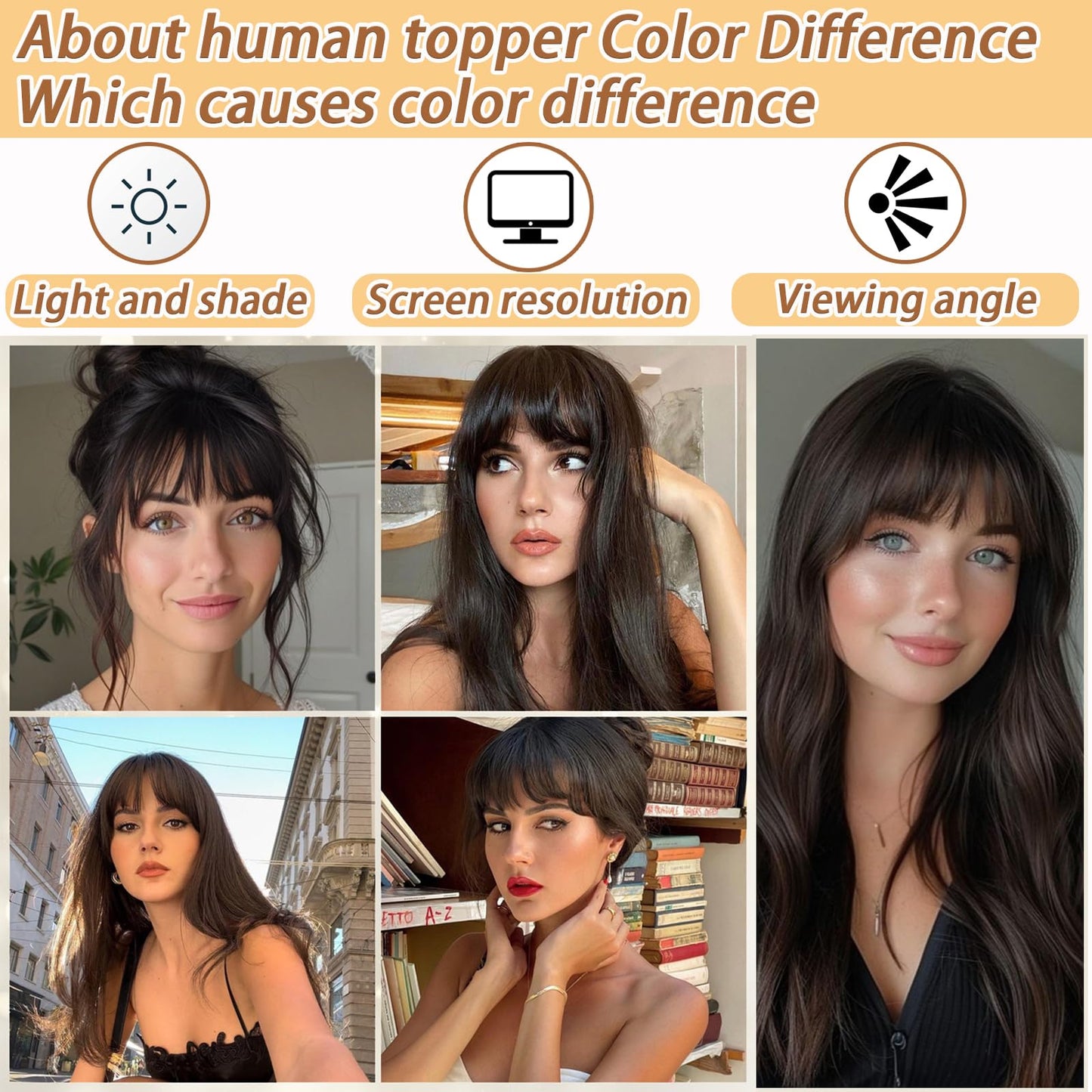 Amchoice Hair Toppers for Women Real Human Hair, Clip 360° 3D Cover, Human Toppers for Women Daily (Dark Brown, 3D Wispy Bangs (5 * 9))