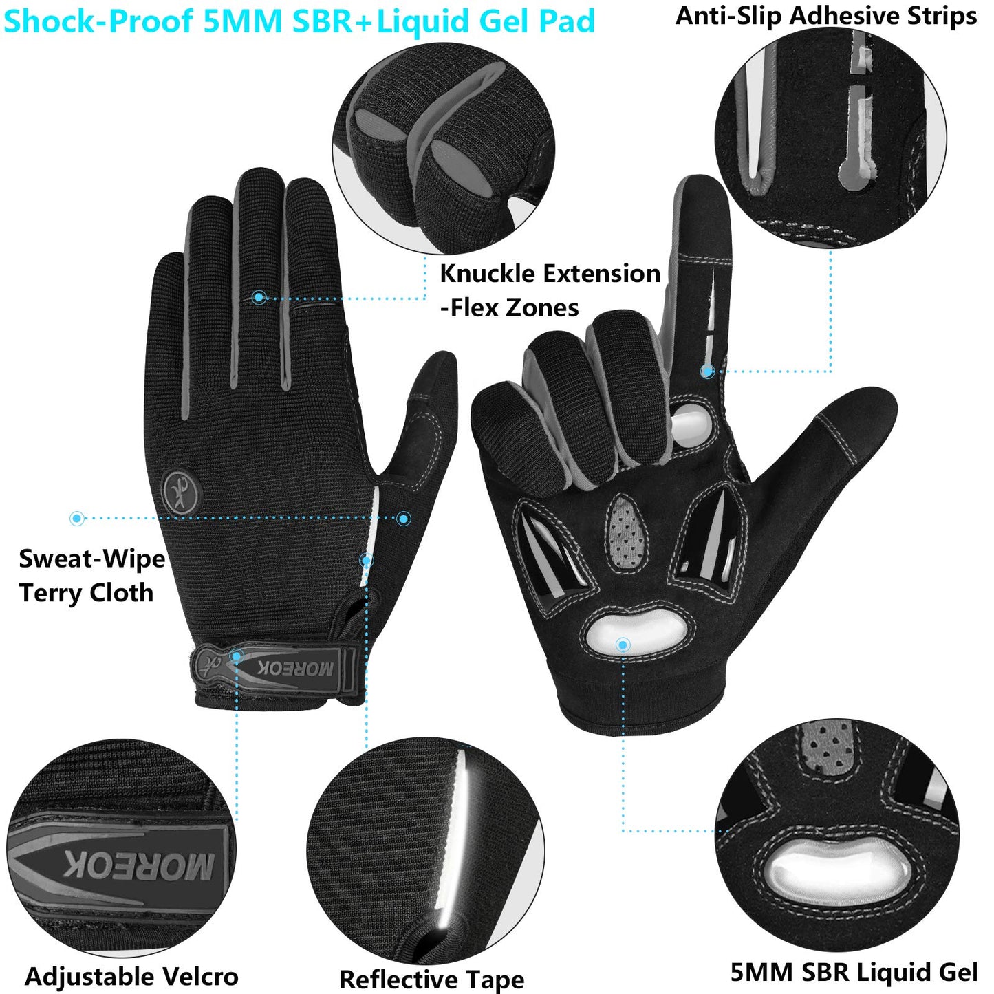 MOREOK Cycling Gloves Bike Gloves for Men/Women-[Breathable Anti-Slip 5MM Gel Pad] Biking Gloves Full Finger Road Bike MTB Bicycle Gloves-122-GRAY-M
