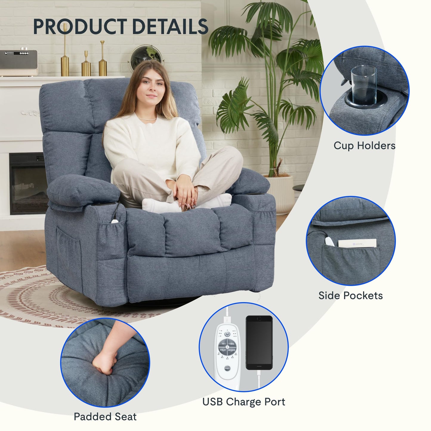 FLEXISPOT 360° Swivel Rocker Recliner, Oversized Massage Rocker Recliner Chair with Heating, Cup Holders, USB Charging Port, Swivel Glider Sofa for Living Room Nursery, Blue (XRC3)