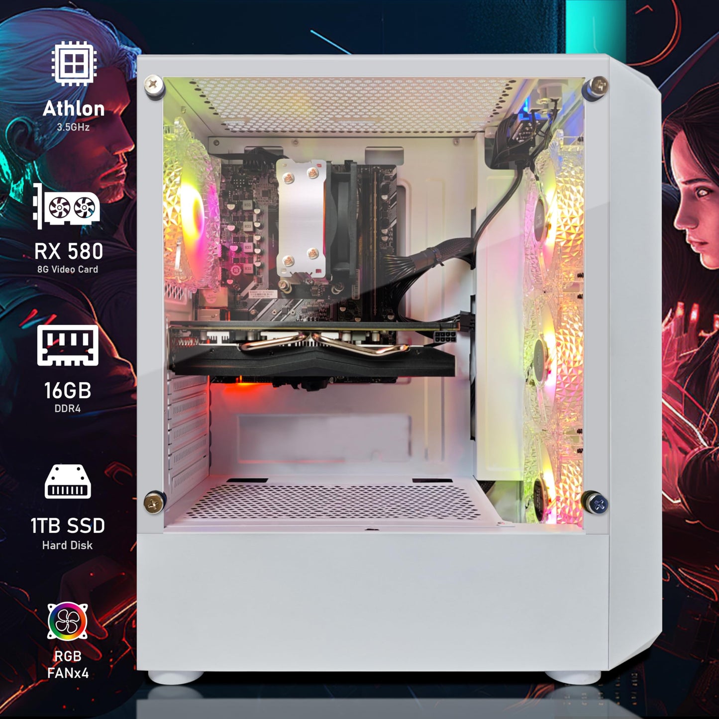 STGAubron Gaming PC Computer Desktop, AMD Athlon 3000G 3.5G, Radeon RX 580 8G GDDR5, 16G DDR4 Memory, 1T SSD, 600M WiFi, BT 5.0, RGB Fan x 4, RGB Mouse Pad, Windows 11 Home,White