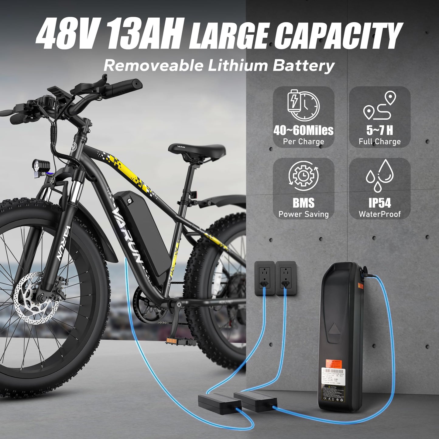 VARUN E Bikes for Men - Peak 750W Ebikes for Adults - Fat Tire Electric Bike Up to 25MPH 60+ Miles with 48V 13AH Removable Battery - 26" Electric Mountain Bike Features 7-Speed, Lockable Suspension