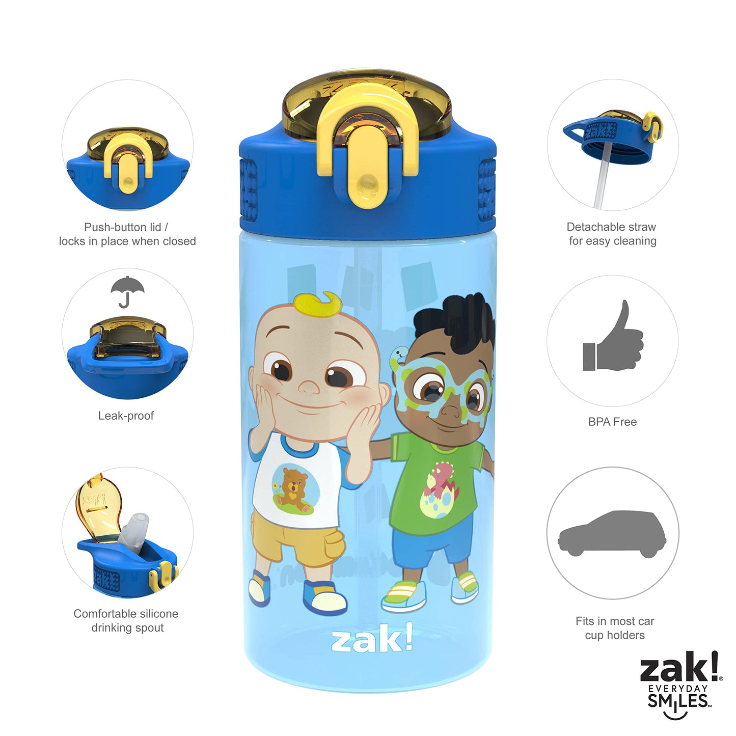Zak Designs CoComelon Kids Water Bottle with Spout Cover and Built-In Carrying Loop, Made of Durable Plastic, Leak-Proof Water Bottle Design for Travel (16 oz, Pack of 2)