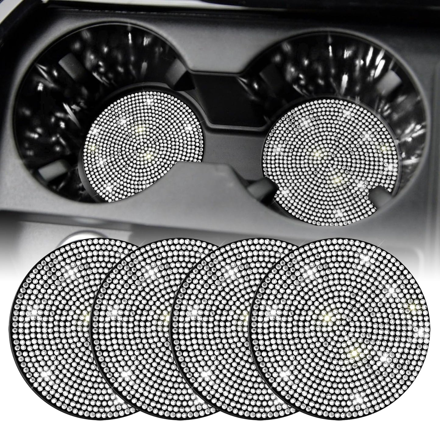 SINGARO Bling Cup Holder Coasters for Car, 4PCS Universal Non-Slip Cup Holder, Embedded Decorative Coasters, Shiny Crystal Car Interior Accessories Gifts for Women (Red)