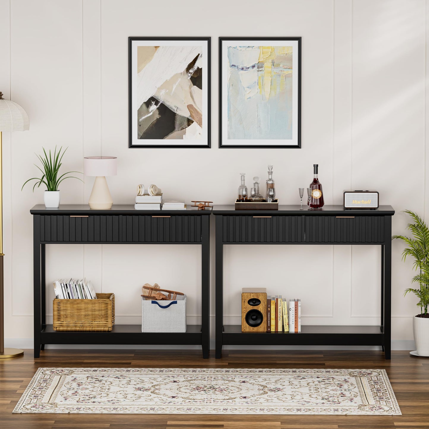 Alaxgumrol 39 inch Entryway Table with Storage, Narrow Console Table with 2 Drawers, Modern Sofa Table with Open Storage Shelf for Living Room, Foyer Hallway, Black