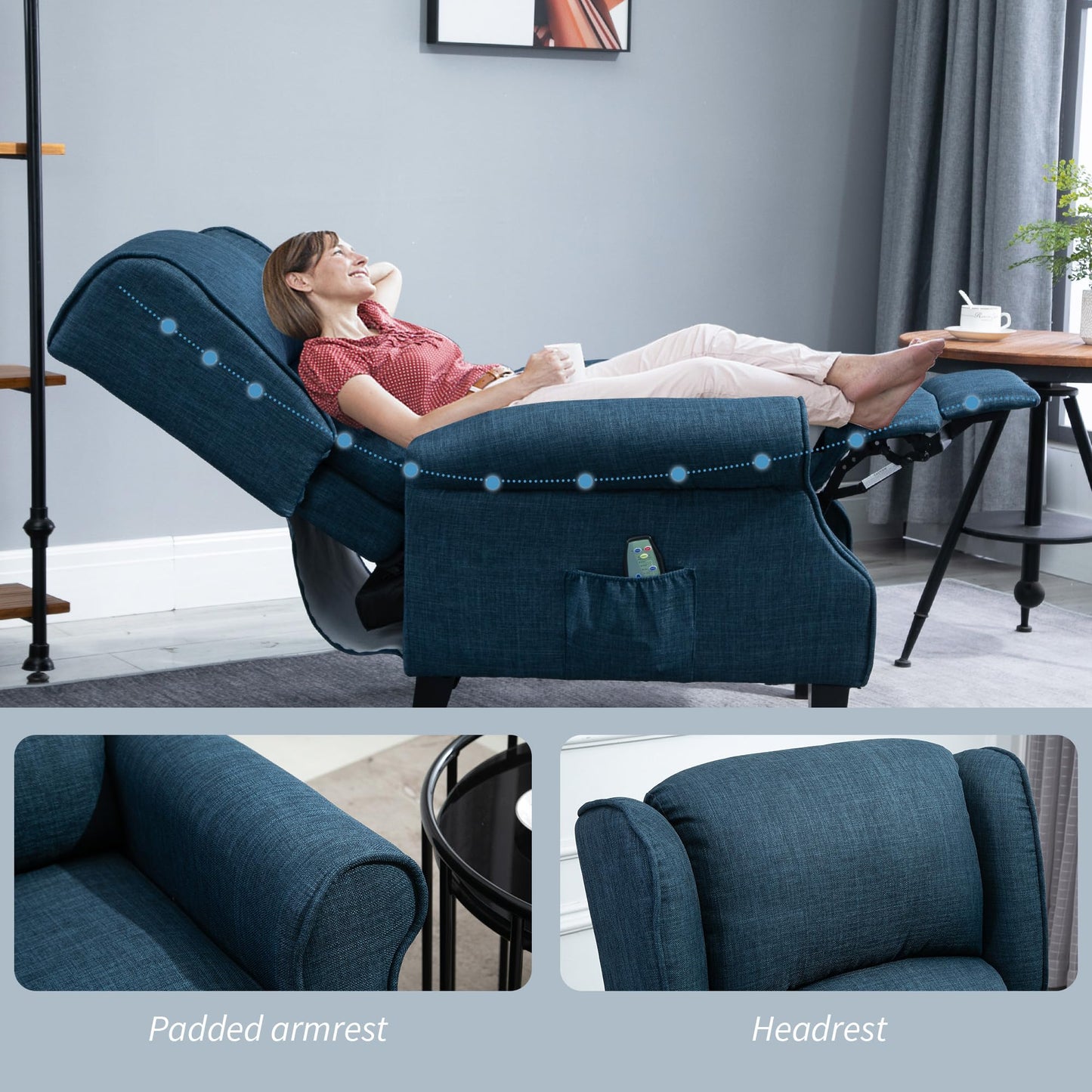 HOMCOM Vibration Massage Recliner Chair for Living Room with Heat, Wingback Single Sofa, Modern Linen Fabric Push Back Reclining Chair with Footrest, Side Pocket, Beige, Blue