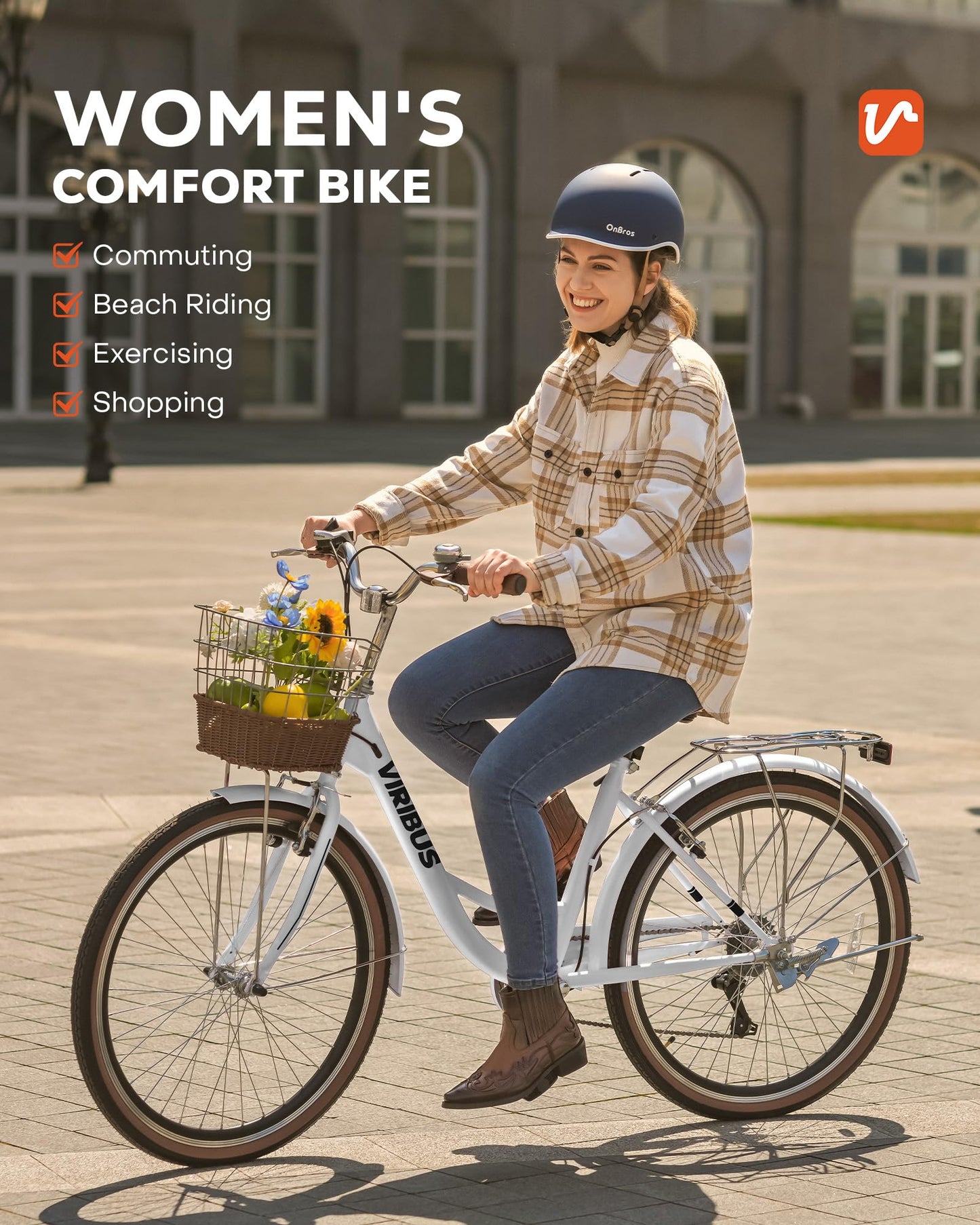 Viribus Womens Bike, 7 Speed Bike for Adults 24 in with Ratten Basket, Beach Cruiser Bike for Women, Step Through Bicycle for City Commuter, Retro Female Ladies Bicycle White 330 lb.