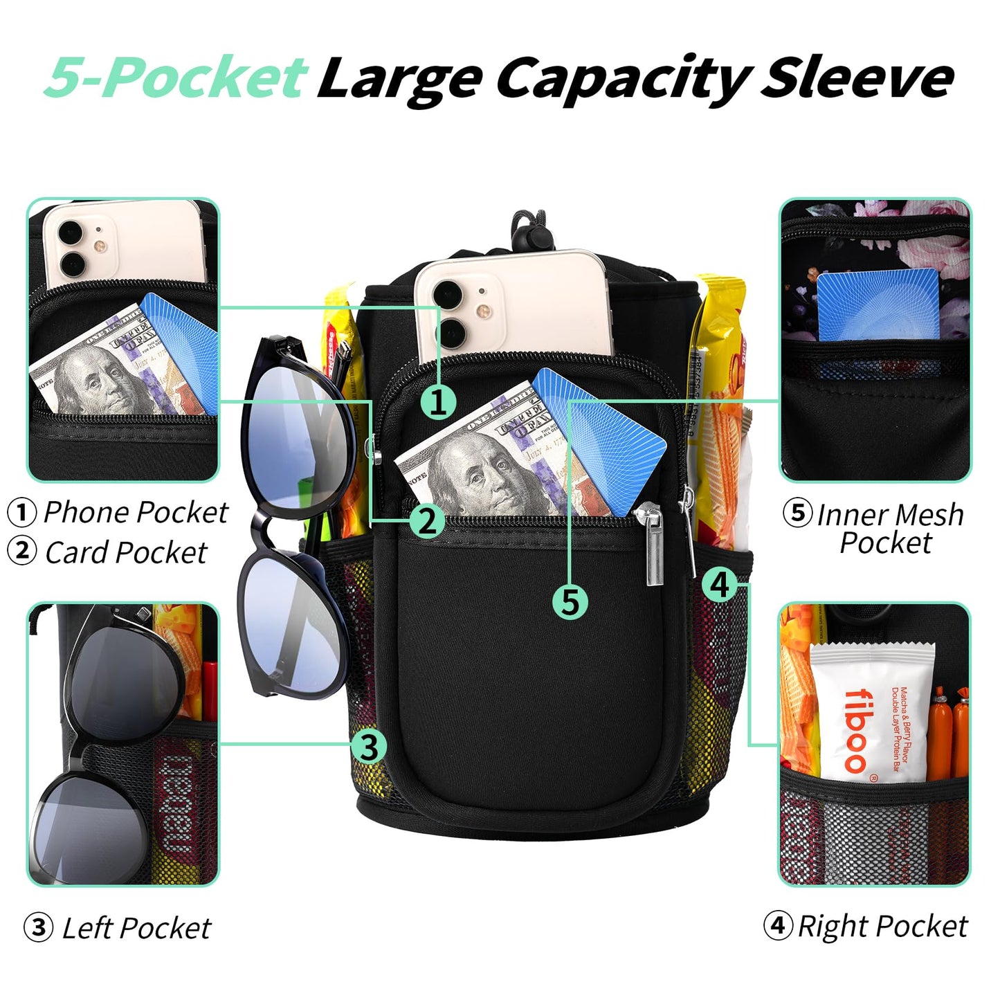 AceTreker 128 oz Water Bottle Sleeve, Neoprene One Gallon Water Bottle Carrier with Strap & Paracord Handle, Sport Bottle Holder Sling Bag with 5 Pockets for Travelling, Walking, Camping-Black