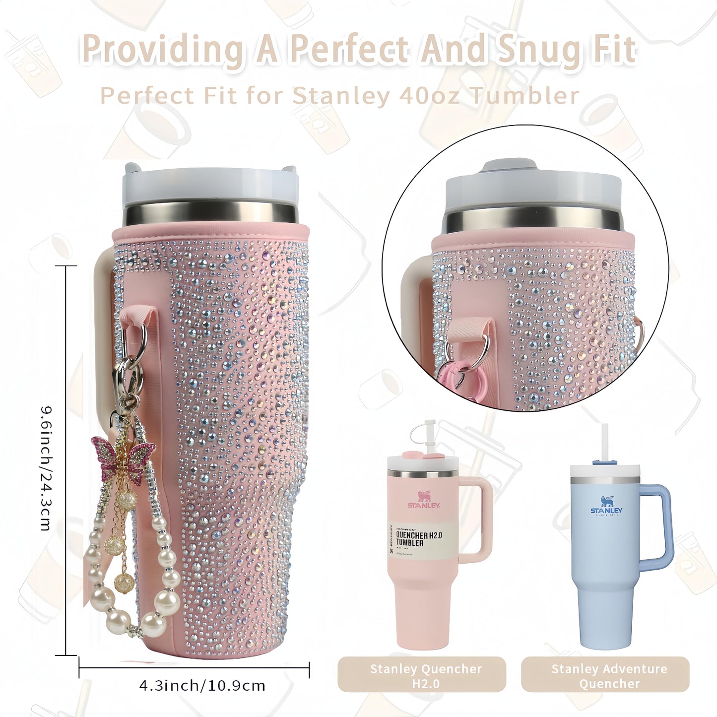 Water Bottle Carrier Bag for 40oz Tumbler - Cup Belt Bag with Adjustable Strap, Straw Cover & Pearl Bracelet - Cup Accessories(Pink Diamond Pro)