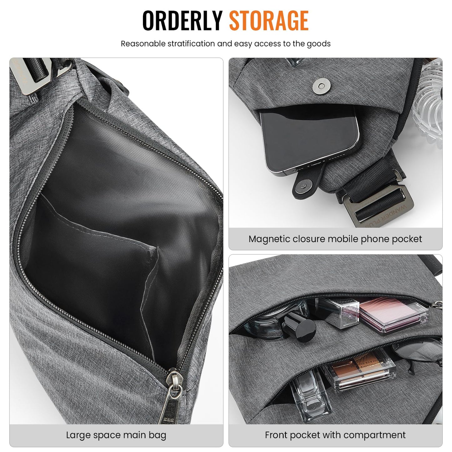 Anti Theft Crossbody Bag, WANDER PLUS Authentic Crossbody Bags for Women Men, Convertible Cross Body Bag, Lightweight, Trendy, Casual, Sling Chest Bag Anti-Theft Design for Travel, Sport (Grey)