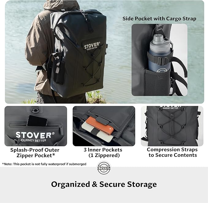 STOVER 5/10/25/30/40/55L Waterproof Dry Backpack- XL Floating Dry Bag for Kayaking, Travel, Tubing, Hiking, Fishing, Camping, Motorcycles, the Beach, Heavy-Duty Roll Top Men/Women (Black)