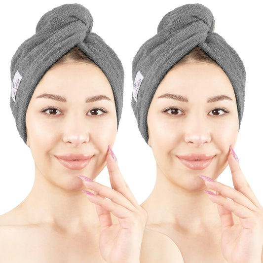 American Soft Linen 100% Cotton Hair Towels for Women, Head Towel Cap, Cotton Hair Turban Towel Wrap for Long Curly Anti Frizz Hair, Soft and Absorbent Cotton Hair Towels 2 Pack, Dark Gray
