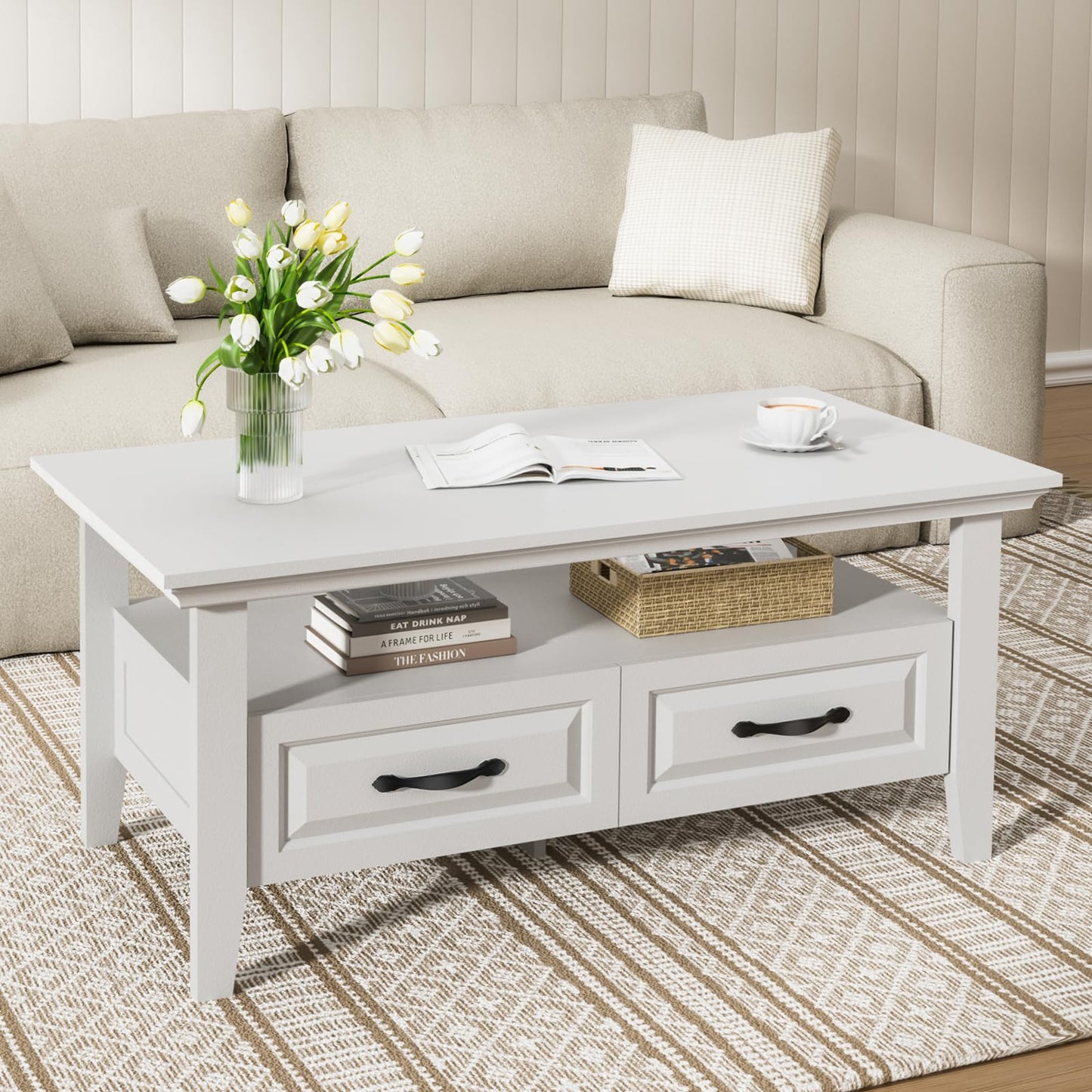 Amada White Coffee Table for Living Room, 39.4" Farmhouse Wood Coffee Table with Storage, Featuring Open Display Shelf, Hidden Drawers, Robotic Vacuum-Friendly, Ideal for Home Office, White