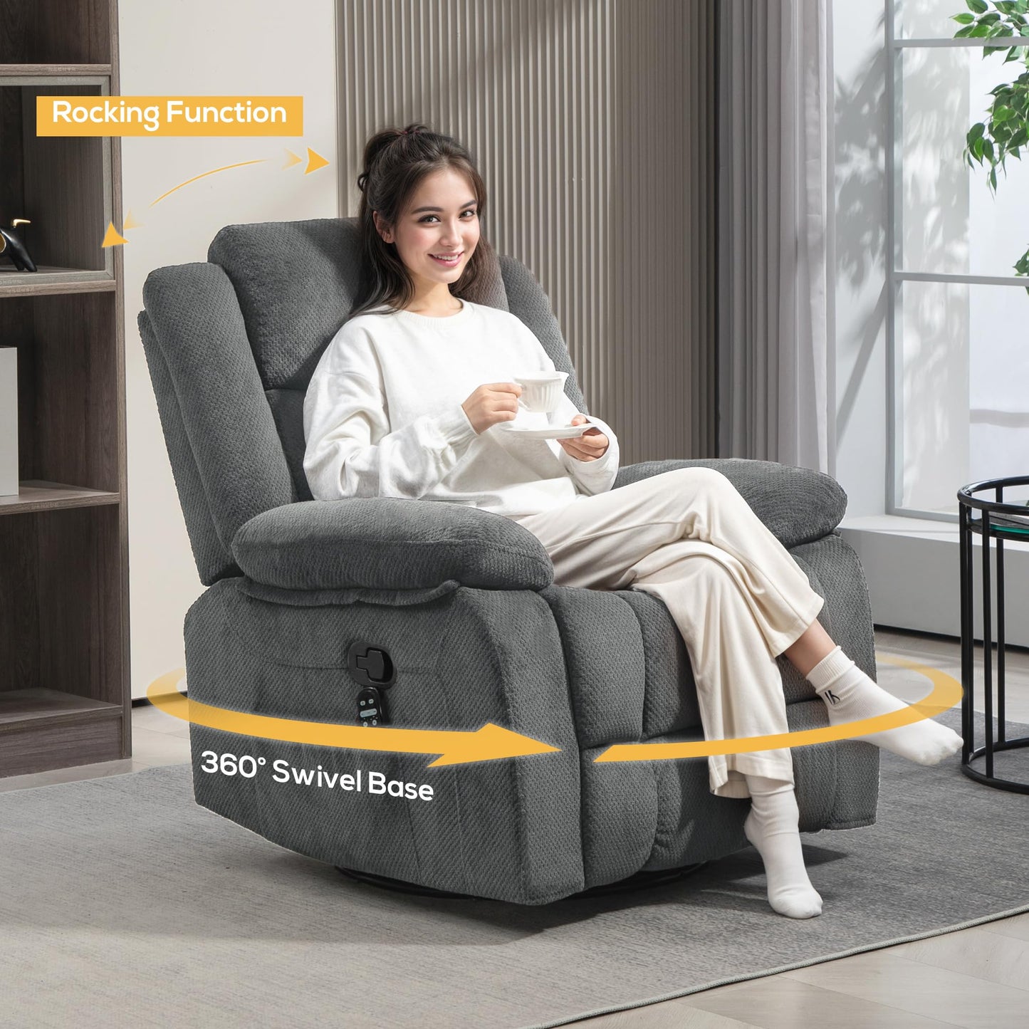 HOMCOM Recliner Chair with Vibration Massage and Heat, Oversized Swivel Rocker Single Sofa with Footrest, Remote and Side Pockets, Velvet Fabric Manual Reclining Chair for Living Room, Gray