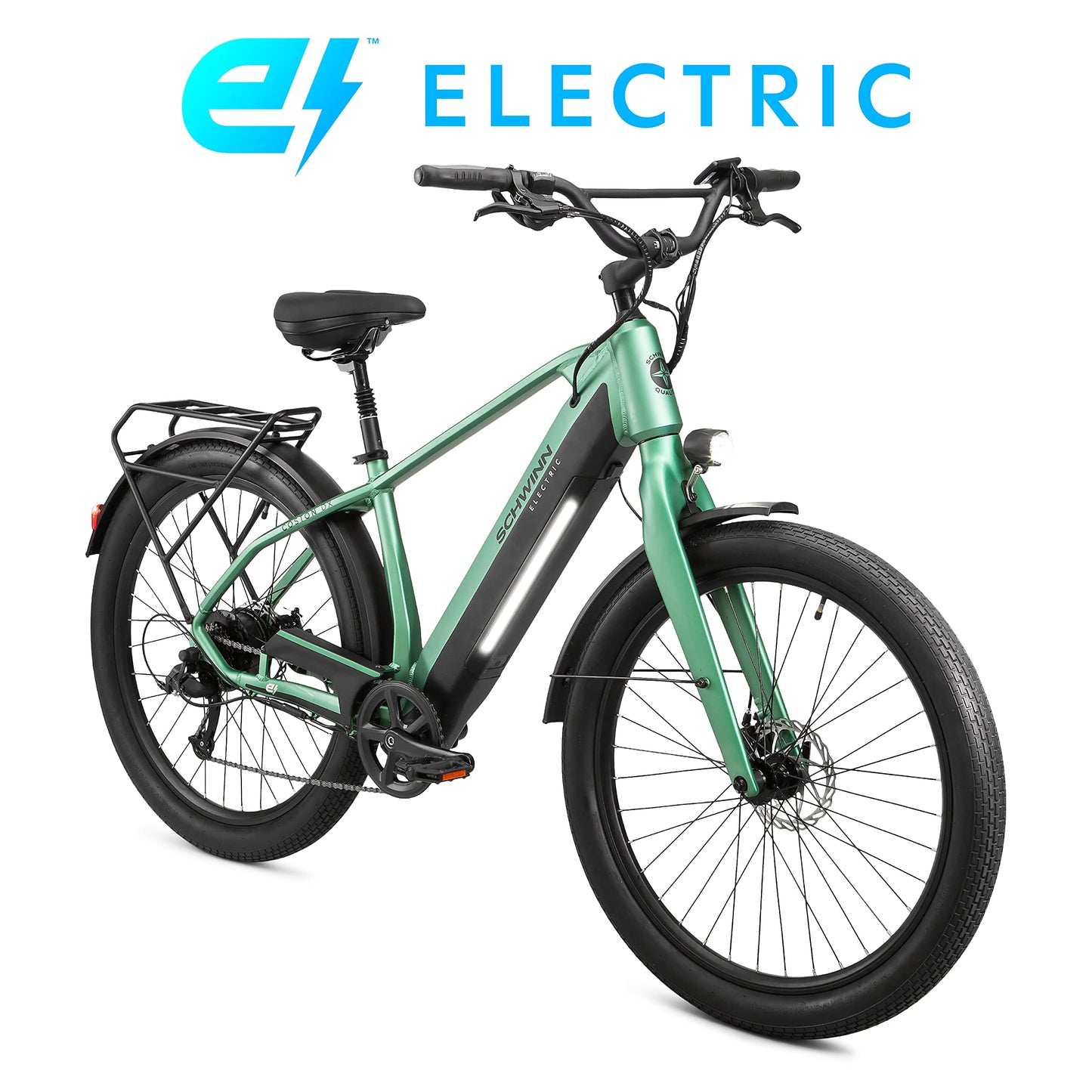 Schwinn Coston DX Hybrid Electric Bike for Adults, 20MPH eBike, Up to 45 miles on a Single Charge, 27.5-Inch Wheels, 7-Speed, Small/Medium Step-Over Frame, Matte Green