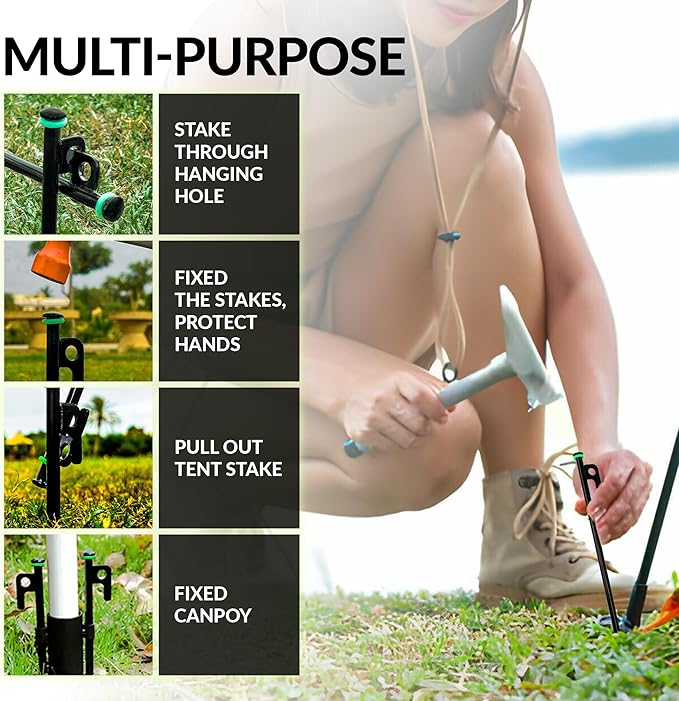 Pack 8 Tent Stakes Heavy Duty Metal, 12-inch Camping Stakes - Unbreakable Tent Pegs with Glow Ring for Enhanced Visibility, Durable Ground Stakes for Outdoor Adventures