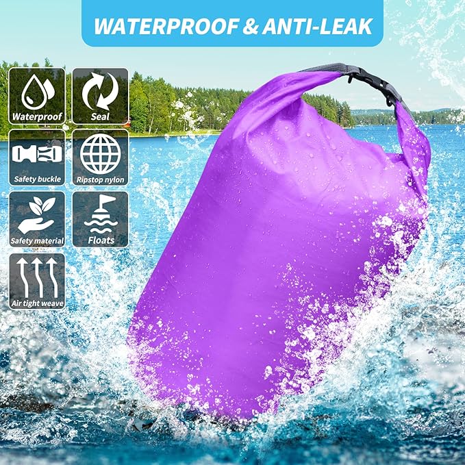 Dry Bag Set, Waterproof Small Lightweight Dry Bags for Paddle Board Kayaking, Fishing, Camping (Purple, 2L+5L+10L)