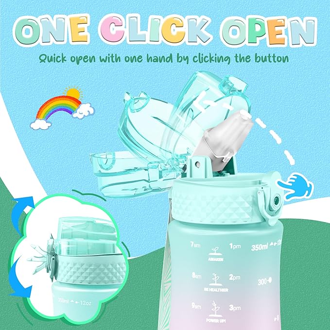 OLDLEY Kids Water Bottle for School, 12 oz (2 lids) BPA-Free Reusable Leak-proof Durable Tritan Plastic Water Bottles with Straw & Chug Lids, Anti-dust Spout Cover (Mintpink)