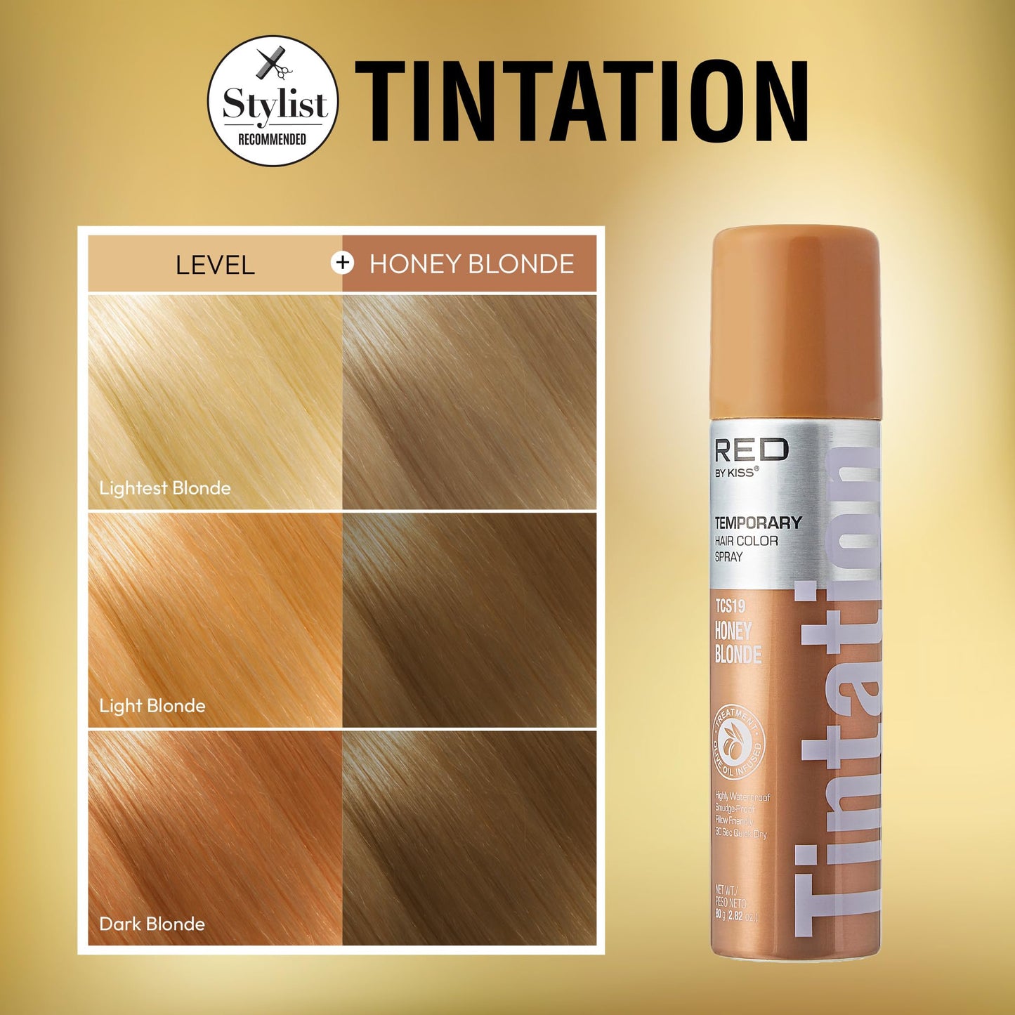 Red by Kiss Tintation Temporary Hair Color Spray, Instant Gray Root Touch Up Coverage, Water-Resistant & Smudge-Proof, Easy Wash Out, Barber & Hairline Touch-Up, Quick-Dry (Honey Blonde, 2.82 oz)