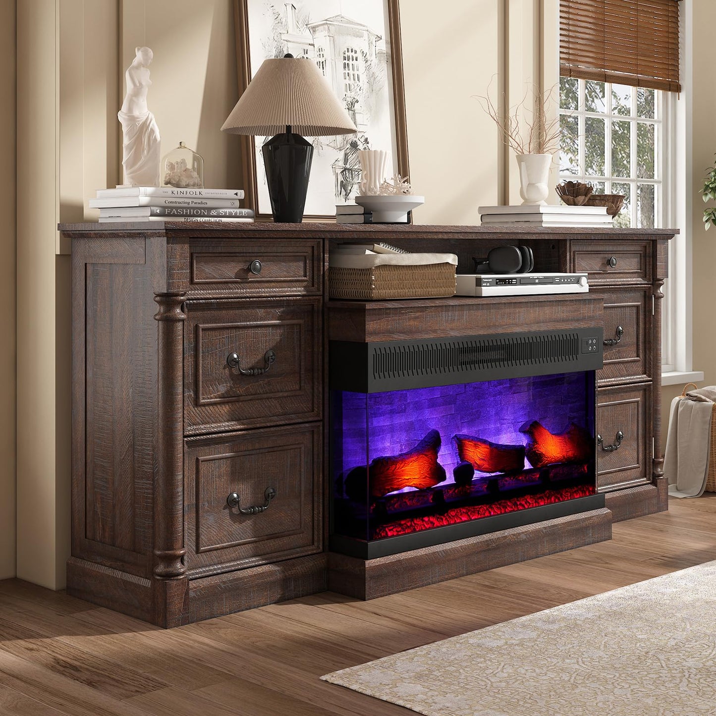 AMERLIFE 75" Fireplace TV Stand, Large TV Stand with 36" Fireplace, Farmhouse Entertainment Center with Solid Wood Roman Column, 2 Drawers & Cabinets Storage, for TVs up to 85", Reclaimed Barnwood