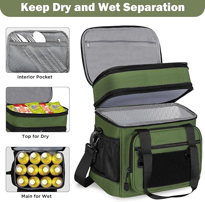 Double Deck Insulated Lunch Box, Expandable XLarge Lunch Bag Leakproof Cooler Bag Lunch Pail for Men Women Adults Work Shifts Travel Daytrip,22L,Army Green