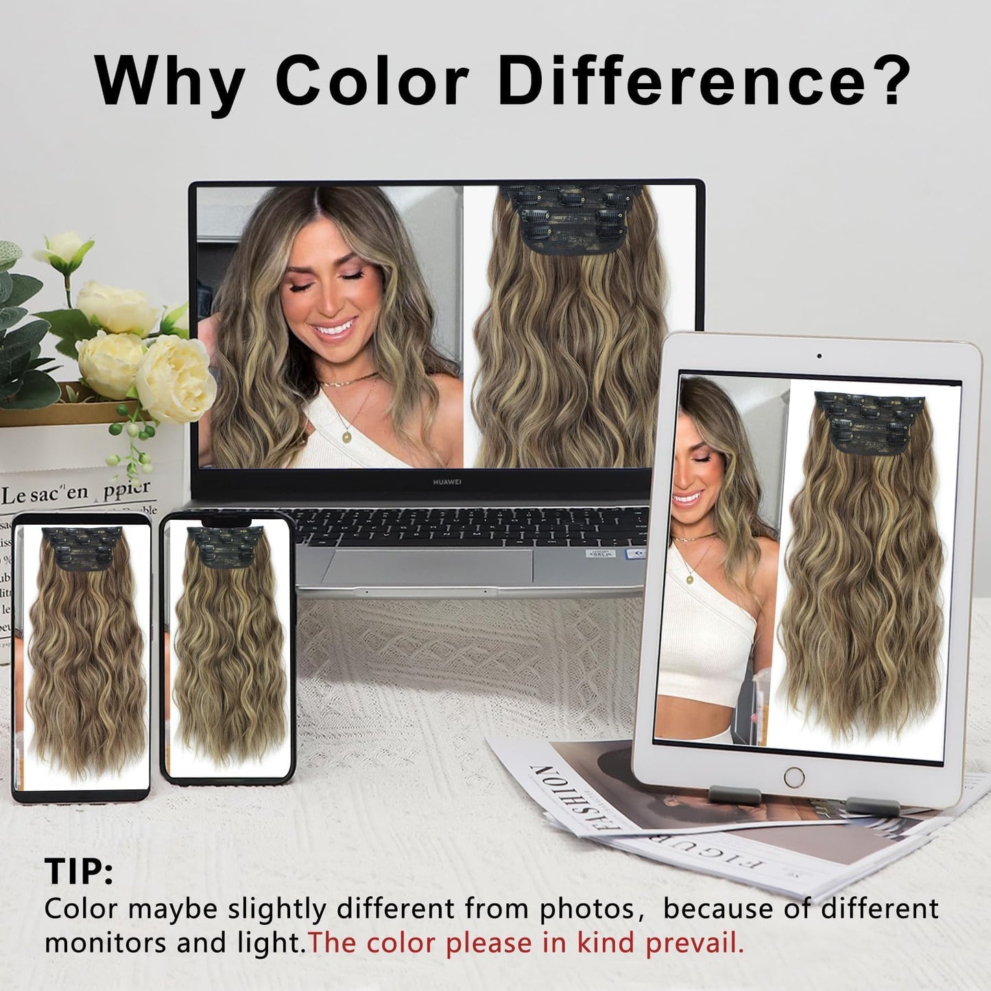 ALXNAN Clip in Long Wavy Synthetic Hair Extension 4PCS Thick Hairpieces Fiber Double Weft Hair for Women … (20 Inch, Mixed Brown & Blonde)