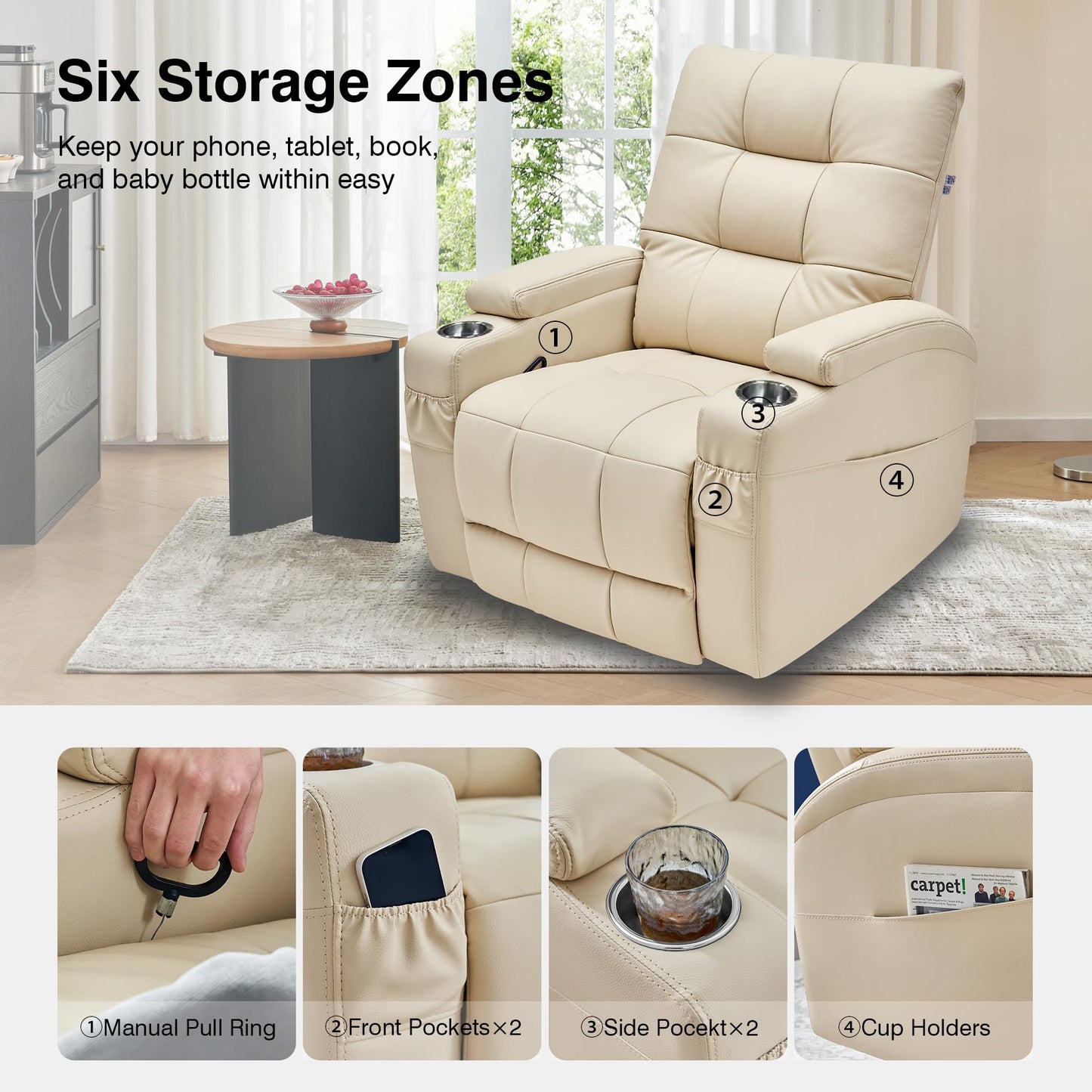 AIRSKY Genuine Leather Recliner Chair, Swivel and Rocking, Italian Water-Washing Process, Nursery Glider Recliner, Glider Rocking Chair, Nursery Chair, Swivel Rocker Recliner, R2, Beige