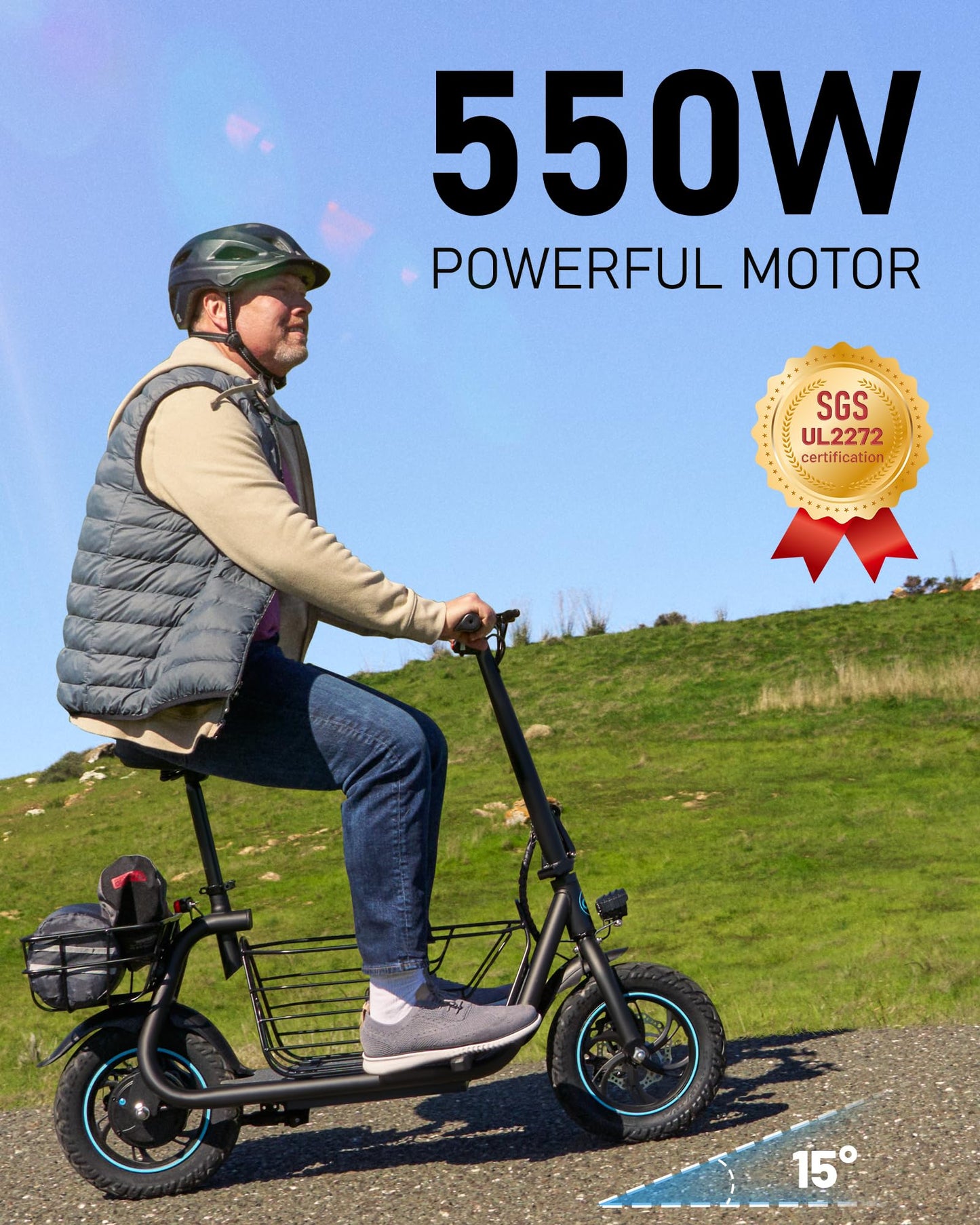 URBANMAX Electric Scooter with Seat, 550W Motor, 18.6MPH Top Speed, 20 Miles Range, Adults Electric Scooter with Large Storage Basket for Pets Dogs and Items，C1S-V1