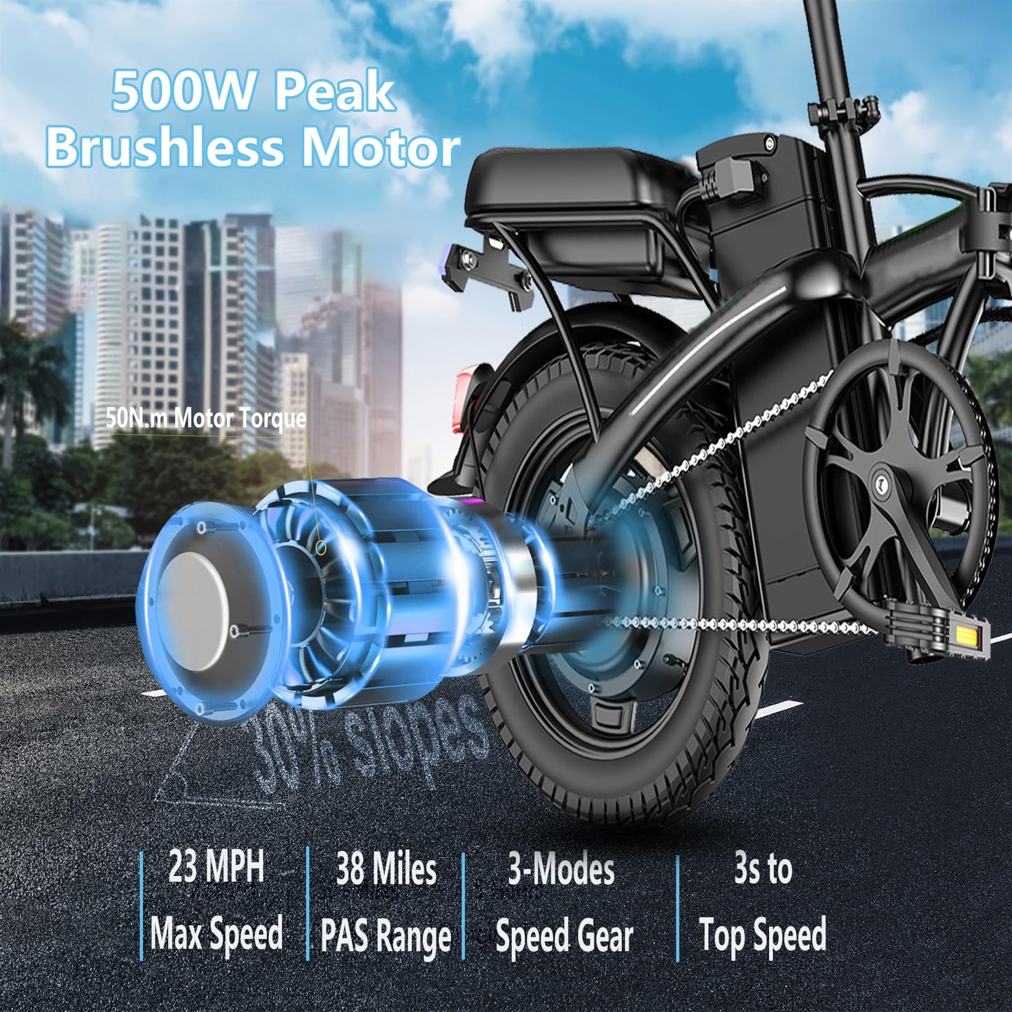 Electric Bike for Adults Peak 500W, 23MPH Max Speed Folding Electric Bicycles, 14" Mini Ebike Pedal Assist, 30° Uphill Shock Absorbers E-Bike, 48V12AH Removable Battery, Top 38 Miles PAS Range