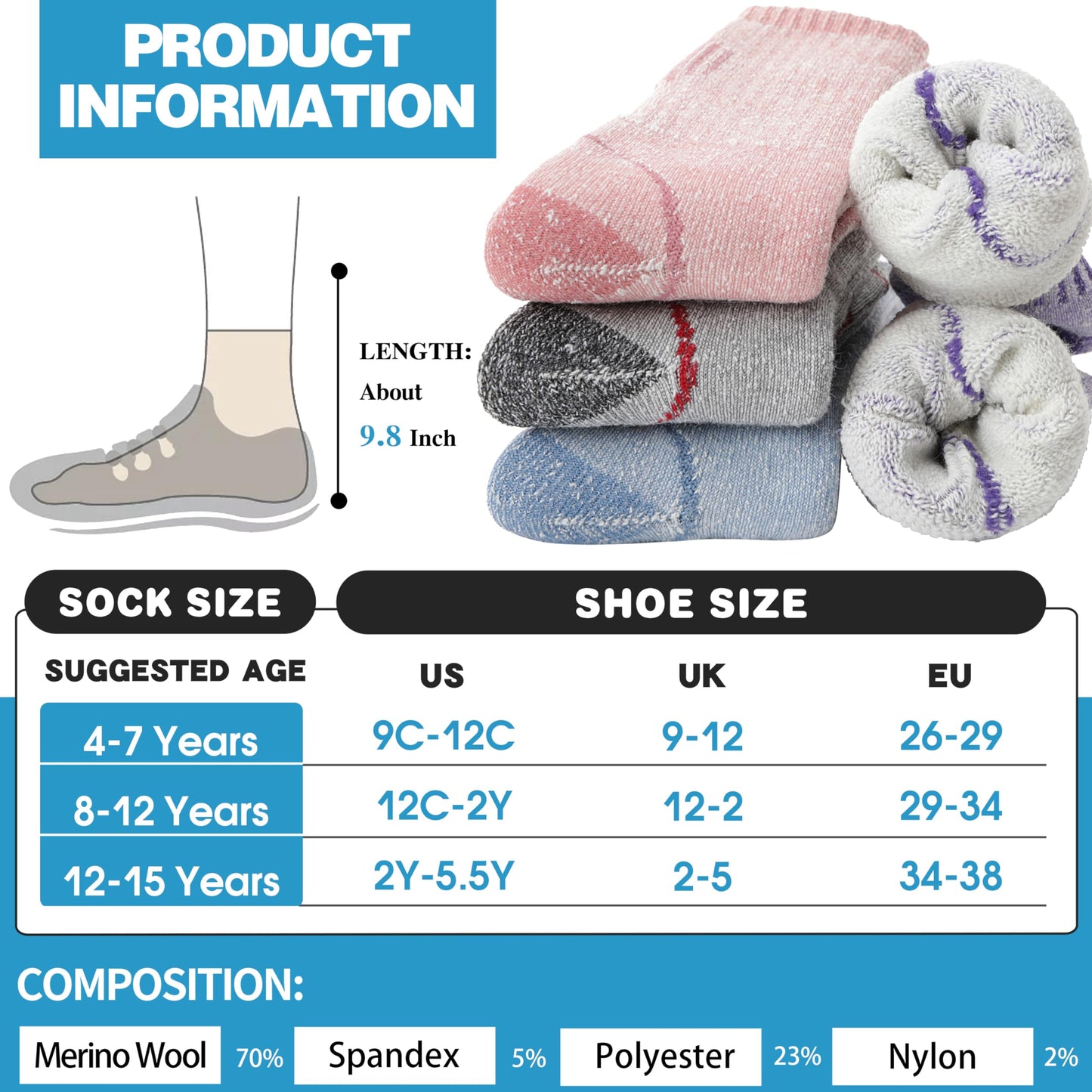 Anlisim Kids Merino Wool Hiking Socks Boys Girls Thermal Winter Warm Boot Thick Snowboarding Socks 4 Pairs for Teen for Teen(Four Mix,4-7 Y)