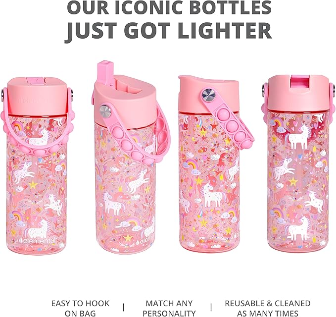 Elemental Leak Proof Water Bottles for Kids - Splash Kids Water Bottle for School with Fun Fidget Pop-it Handle - Tritan Plastic Water Bottle with Straw - Pink Unicorn & Robins Egg - 18oz (2 Pack)