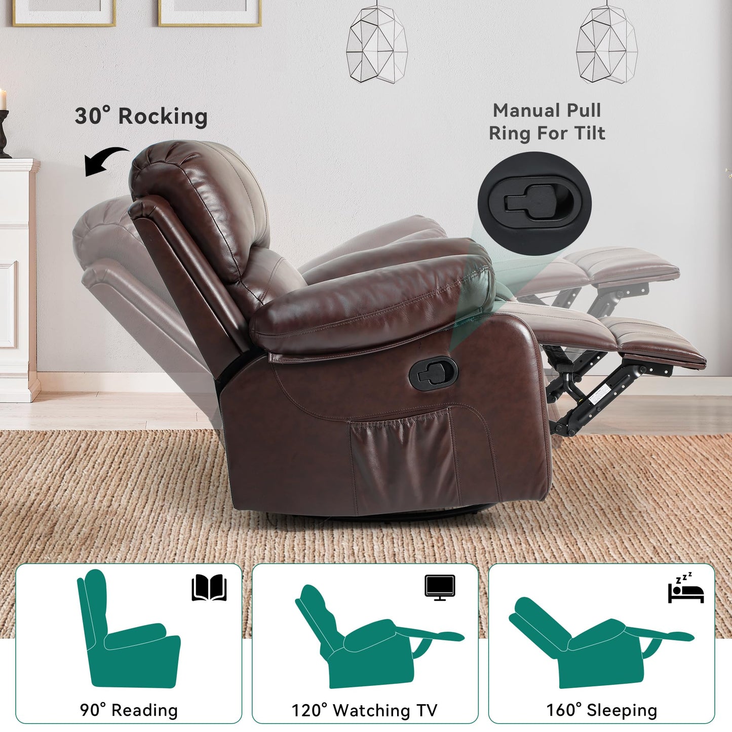 YITAHOME Oversized Rocker Recliner Chair: Manual Reclining Lazy Boy Chair with Heat & Massage, Overstuffed Armrest, Rocking Function, Faux Leather Recliner for Living Room with Side Pocket Brown