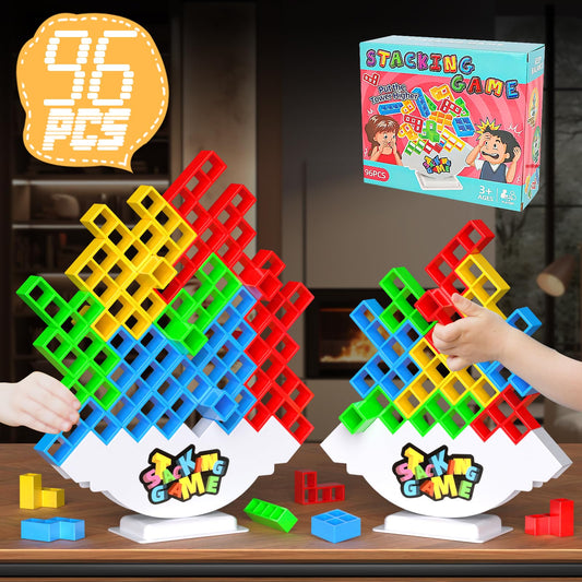 64PCS Stack Game for Adult & Kids, Tetra Board Tower Games for Family Travel Party, 2 Players Balance Stacking Toy, Team Toys Building Block