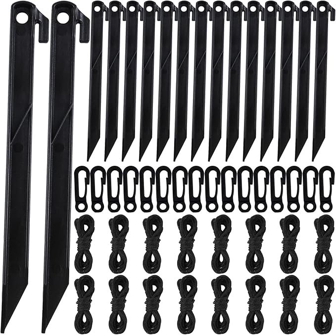 48pcs Camping Tent Stakes, Ground Stakes Plastic Inflatable Stakes Fixing Replacement for Yard, Inflatable Accessories with Hooks & Tethers for Christmas Outdoor Party Garden Decorations