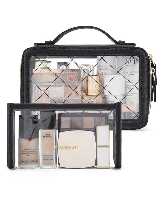 BAGSMART Clear Makeup Bag Set, TSA Approved Toiletry Bag, Clear Travel Bags for toiletries, Cosmetic Bags with Zipper, Makeup Organizer Bags Fit Carry-on Travel Essentials, Black