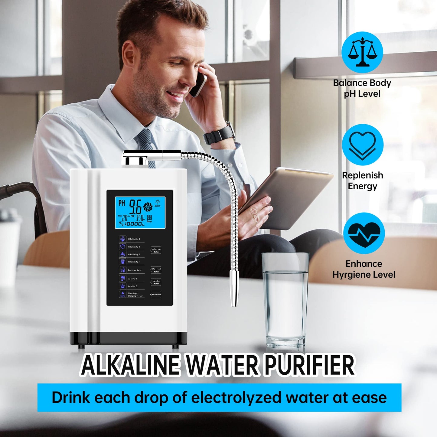 AlkaDrops Water Ionizer, Water Purifier Machine PH 3.5-10.5 Alkaline Acid Water Machine,Up to -500mV ORP, 8000 Liters Per Filter,7 Water Settings,Auto-Cleaning,Intelligent Voice