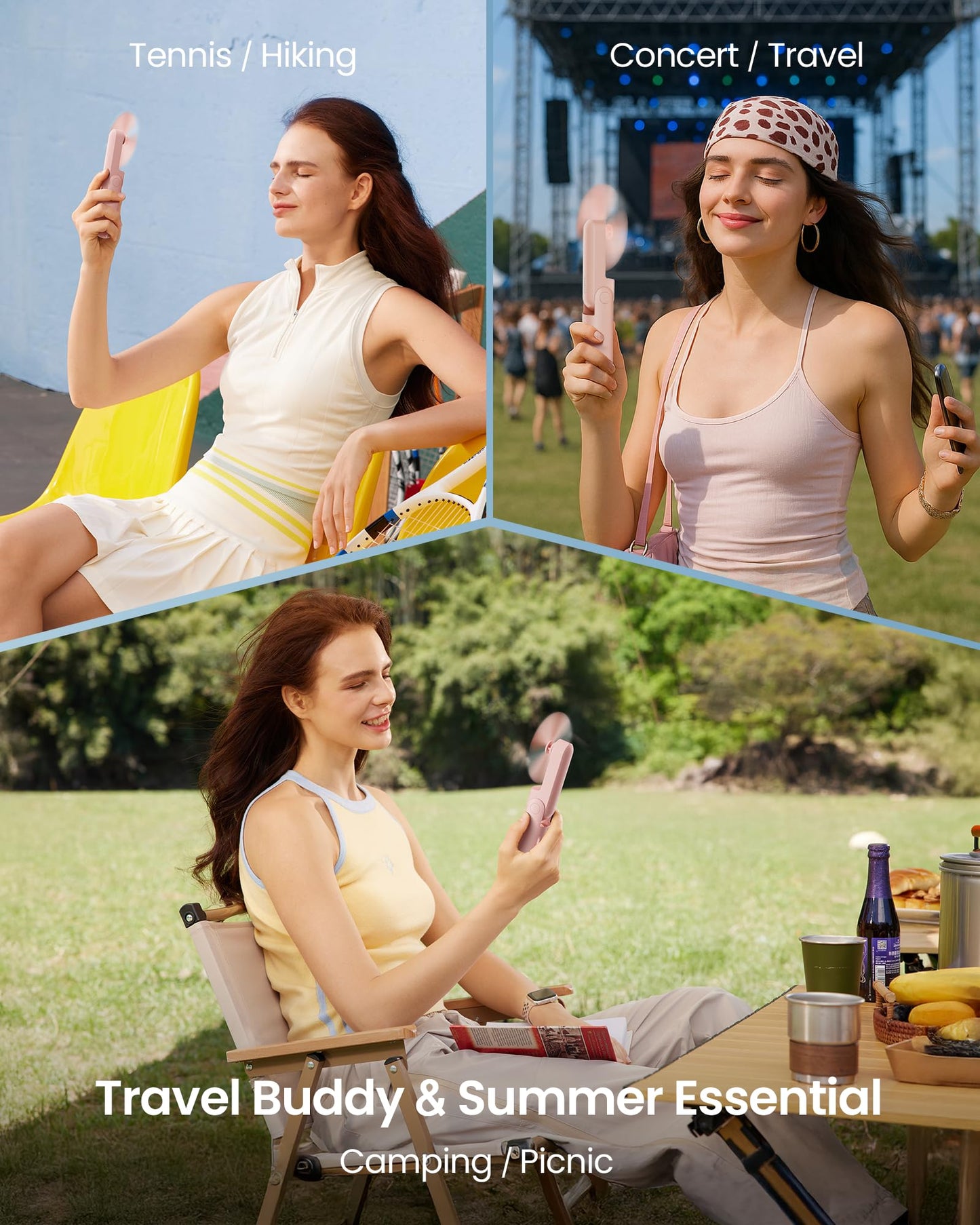 GAIATOP Portable Handheld Fan, 3 IN 1 Mini Foldable Travel Fans [17H Max Cooling Time] with Power Bank, Pocket Design USB Rechargeable for Travel Concert Lash Makeup, Summer Gifts for Women Girl, Pink