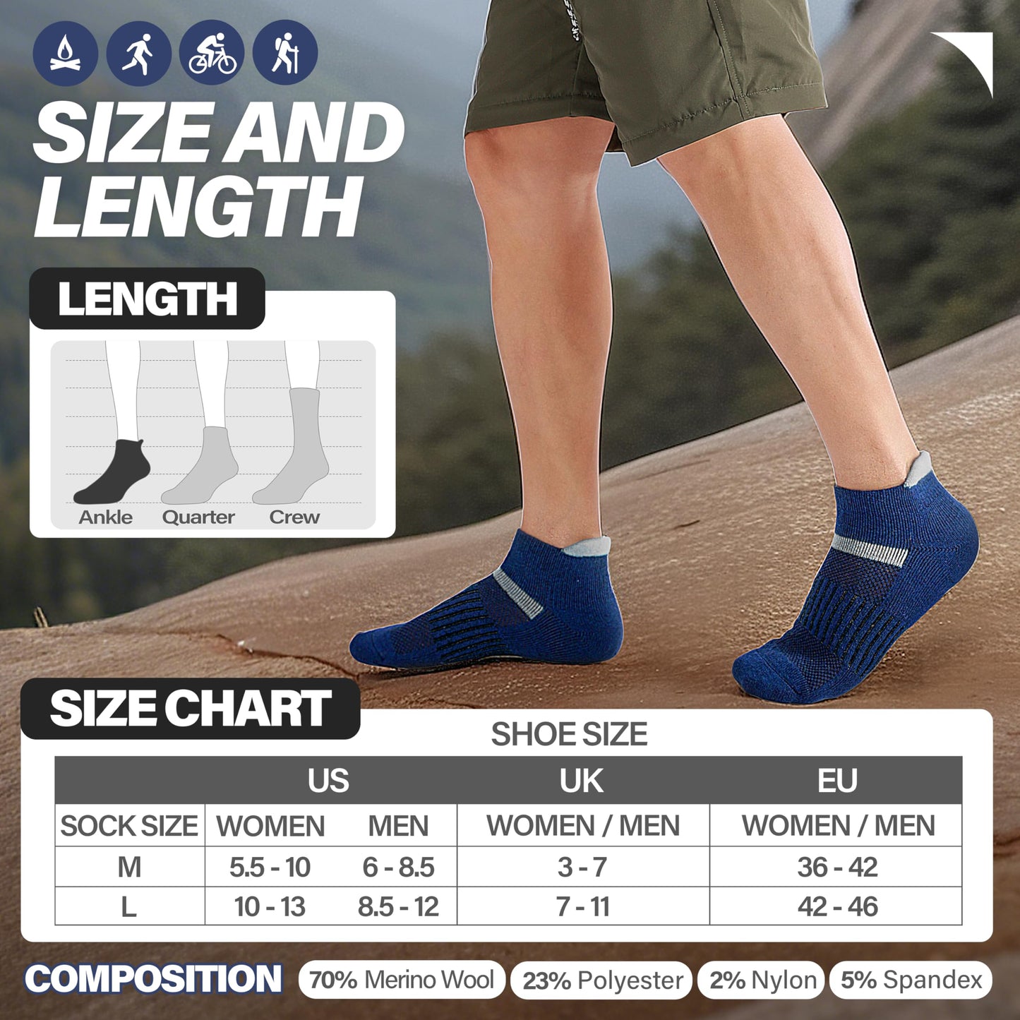 Anlisim Merino Wool Quarter Hiking Socks Compression Warm Thermal Winter Thick Cushion Running Moisture Wicking No Show Socks Gifts Stocking Stuffers for Women Men 6 Pairs(Assorted,L)