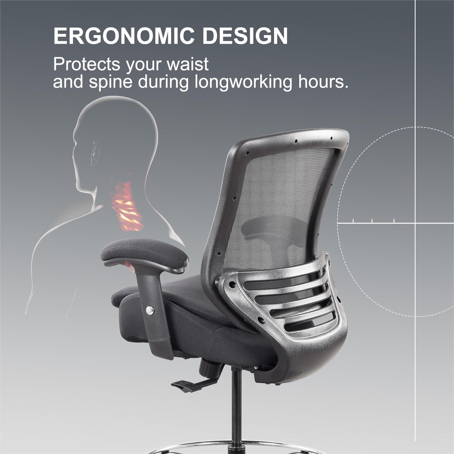 WITTLONG 400lbs Tall Office Drafting Chair with Extra Seat Cushion for High Standing Desk with Lumbar Support and Enlarged Adjustable Footring-Black