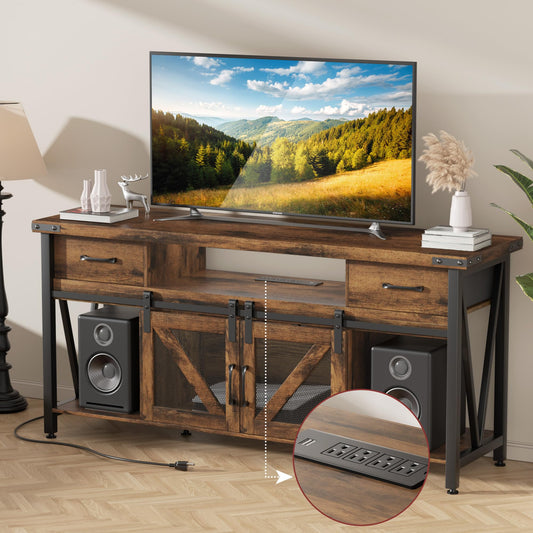 AntsandAnts TV Stand for 75 Inch TV,Entertainment Center with Power Outlets, 2 Drawers & Sliding Barn Doors, Rustic Wood Industrial TV Table for Living Room, Fits Up to 75" TVs